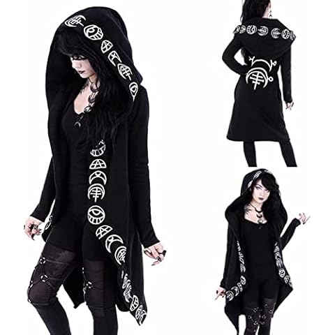Women’s Gothic Long Sleeve Hoodie Jacket Moon Witchcraft Black Hooded Cardigan Occult Pullover Mid Long Sweatshirt Tops for Halloween (Black, 5XL) Cover