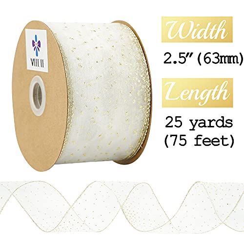 Meedee White And Gold Polka Dot Ribbon 2.5 Inch White Organza Ribbon With Gold Glitter White Gold Wired Ribbon By 25 Yards, For Gift Wrapping Tree Garland Topper Bow Wreaths Wedding Favors Decorating #TOP1
