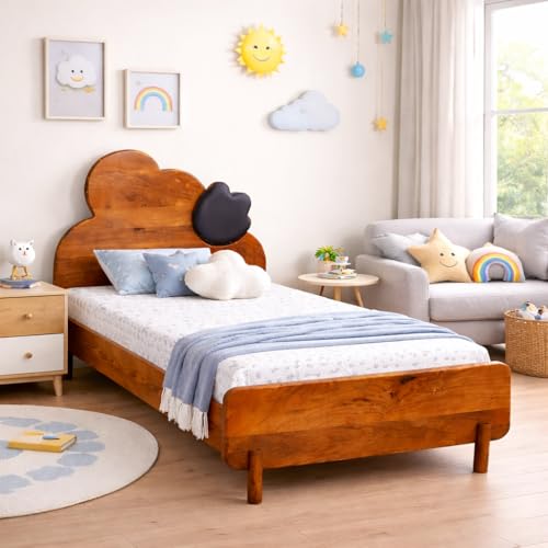 Image of Perk Bed Single Seater Kids Bed |Mickey Mouse Head Solid Wood Kids Bed |Mango Wood, Honey |Mattress Size: 36 x 72 Inches |Single Seater Platform Bed | Assembly- DIY