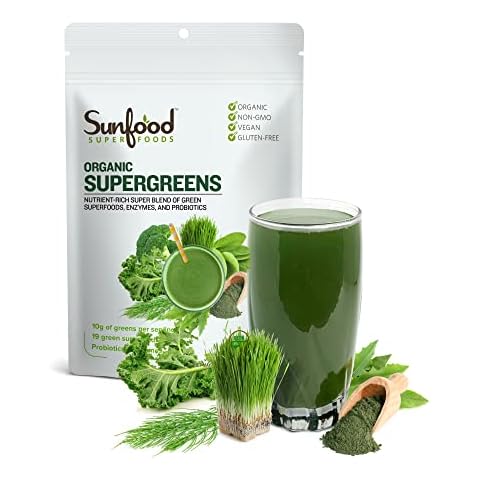 Sunfood Superfoods Super Greens Powder, Organic Green Juice/Smoothie Mix w/Digestive Enzymes & Probiotic for Gut Health, Good Source of Liquid Chlorophyll, Spirulina & Chlorella, 8 oz, 22 Servings Cover