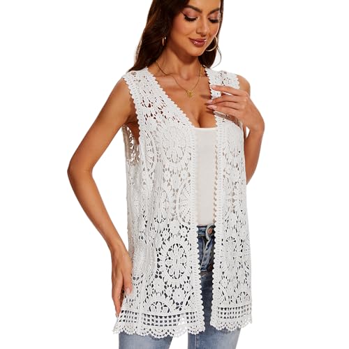 Image of Women's Crochet Floral Boho Lace Trim Sleeveless Kimono Open Front Vest Cardigan