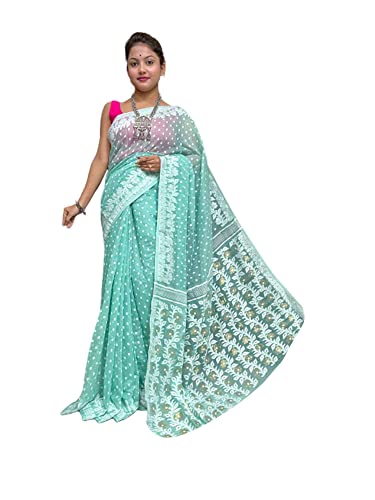 Sari de algodón indio Dhakai Jamdani menta para bodas y galas