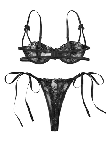 Image of Lilosy Sexy Tie Side Cute Underwire Push Up Strappy Embroidered Mesh Sheer Lingerie Set