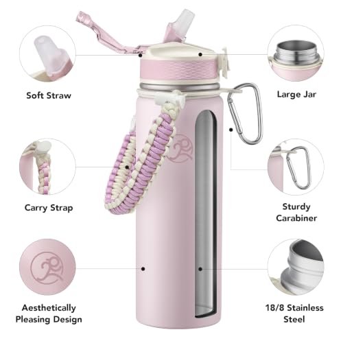 Image of GOSWAG 24oz Insulated Stainless Steel Travel Water Bottle, 2 Lids | with straw and no straw, Paracord handle, Double-wall vacuum keeps drinks cold or hot, Leakproof tumbler