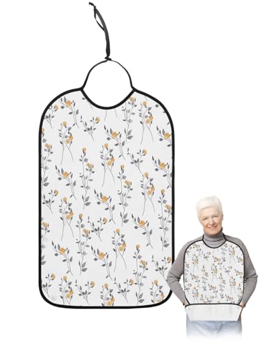 LEOKOTI Yellow Spring Floral Adult Bibs for Eating, Waterproof Bibs with Food Catcher & Adjustable Snap Closure, Pastoral Summer Flowers Botanical Washable Clothing Protectors Adult Bibs for Elderly