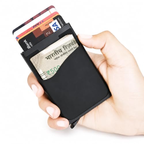 Image of Mini2buy Slim Card Holder for Men Durable Pocket for Cash, Credit, Debit, ATM Cards RFID Blocking Metal Pop-up Wallet, Holds 10-12 Cards Plus Cash in One Holder (Pocket Black)