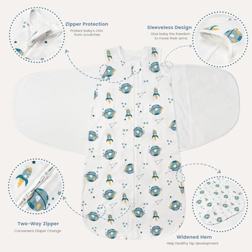 ZIGJOY Sleep Sack Swaddle 0.5 TOG Baby Wearable Blanket 100% Cotton Baby Swaddle Blanket for Newborns 0-6 Months for Boy Girl, Blue&Space