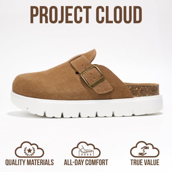 Project Cloud Genuine Leather Platform Clogs for Women Footwear - Memory Foam Arch Support Cork Footbed Casual Shoes & Mules for Women 2025 (Benton Chunky)