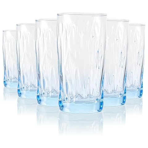REATIVELAND Solid Color Drinking Glasses Set of 6, 13.5 OZ Wind-blown Ripples Glass Tumbler Glassware for Water, Juice, Different Options for Home, Restaurant, Hotel, Bar, Blue Cover