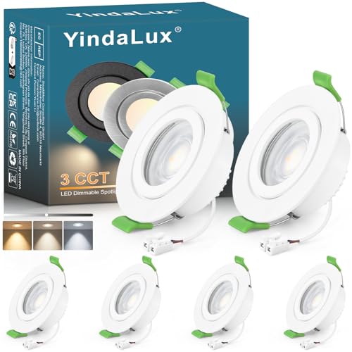 YindaLux 6x Foco empotrable LED 230V IP65 Regulable 5W 550LM Spot de techo 2700K 4000K 6000K Spot LED Taladro 68mm Luz empotrada Plana GU10 Spots empotrable para Baño Salón, Blanco