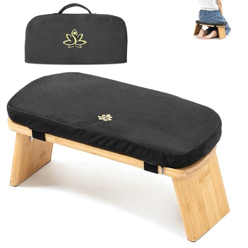 Estleys Meditation Bench, Bamboo Meditation Stool, Folding Kneeling Meditation Bench, Seiza Prayer Bench, Prayer Bench with Meditation Cushion, Kneeling Stool (Black & Bag)