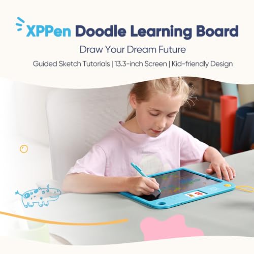 Image of XPPen Doodle Learning Board | 13.3 inch LCD Writing Tablet for Kids with 250+ Step-by-Step Lessons & Voice Learning | Educational Drawing Pad (3+ Years) - Pink