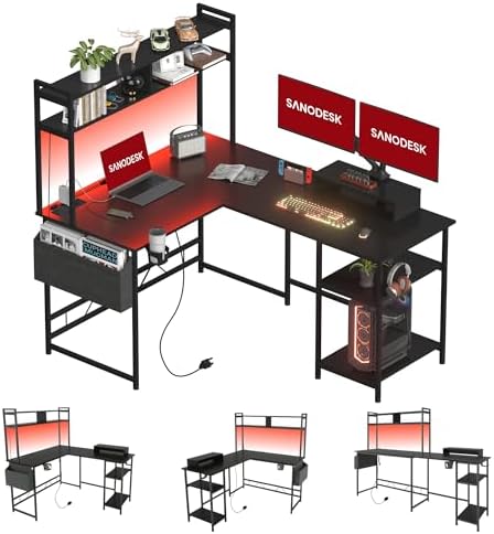 SANODESK 140 * 120CM L-Shaped Gaming Desk with LED Lights, 2 Powe...