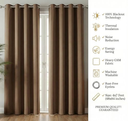 Image of VAS COLLECTIONS 100% Blackout Door Curtains, 7 Feet (121x215 cm) Set of 2, Plain, Thermal Insulated, Room Darkening Curtains for Living Room, Bedroom, (Mocha)