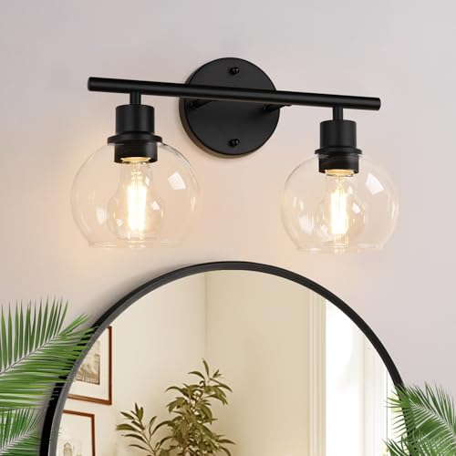 Image of Indoi 2-Light Bathroom Vanity Light, Matte Black Bathroom Light Fixture Over Mirror with Clear Glass Globe Shades, Modern Farmhouse Wall Sconce for Bathroom, Kitchen, Bedroom, Hallway