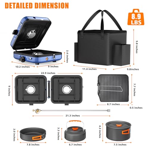 Hisencn Camping Stove,2 Burner Propane Stove,20000 BTU/h Camping Cooking set Includes Frying Pan,Kettle and Pot,Adjustable Burners & Piezo Ignition,Portable stove for camping Outdoor,Blue - Image 3