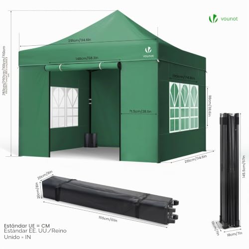 Miniatura 7 de Vounot Carpa Plegable Gazebo 3x3m Con 4 Paredes, Cenador Impermeable Pabellón De Jardín Para Camping, Fiestas, Exterior, Color Verde