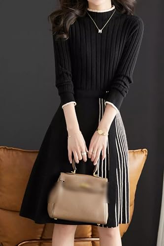 LAI MENG FIVE CATS Women's Elegant Long Sleeve Stripe Sweater Ribbed Knit Pullover Fall Midi Dress2