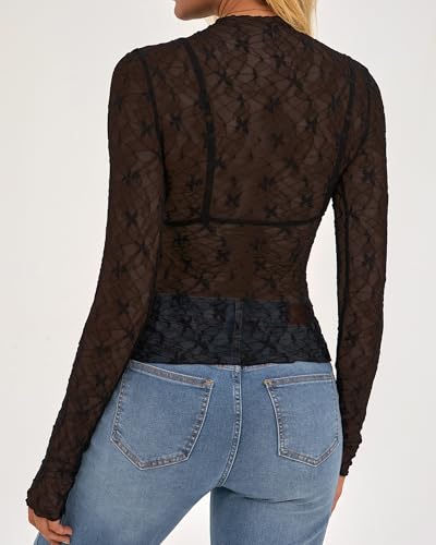 BTFBM Womens Tops Mesh Lace Long Sleeve Tops for Women 2026 Spring Fall Sexy Sheer See Through Tight Party Club Outfits(Black, Small) — view 3
