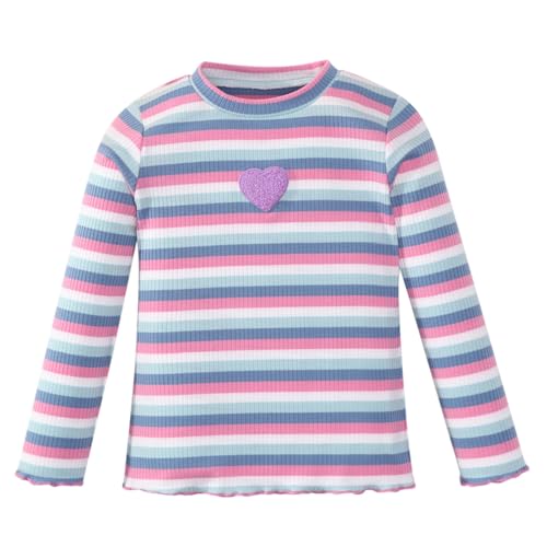 OPAWO Girls Long Sleeve Shirts Ribbed Knit Lettuce Trim Tee Shirt Tops, Little Girl Striped Blouse Undershirts Size 3-9 Years