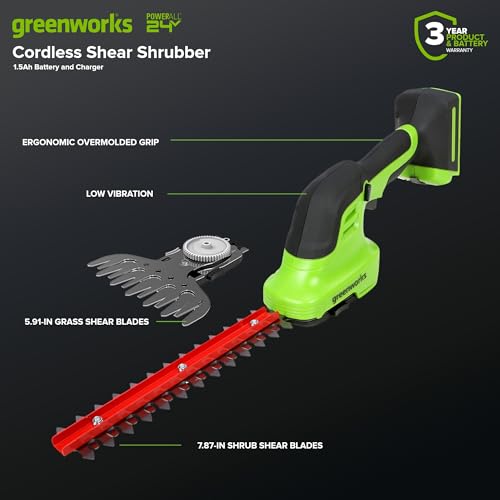 Image of Greenworks 24V Cordless Shear Shrubber, 1.5Ah USB Battery and Charger Included