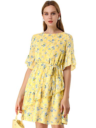 Allegra K Women s Floral Casual Fit and Flare Ruffle Hem Chiffon Dress Small Yellow