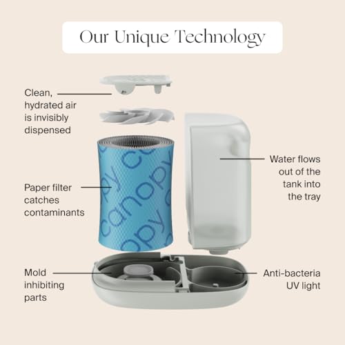 Canopy Bedside Humidifier 2.0, White, 36 HR Run Time, 2.5L Capacity - Reading Light & White Noise - Alleviate Symptoms of Allergies, Flu, Cold, Dry Skin - Humidifier, Filter, Power Cord & Adapter