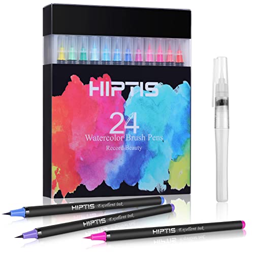 HIPTIS Watercolor Brush Pens, 24 Colors Painting Pens with Flexible Brush Tips Paint Markers for Coloring Drawing with Water Brush Art Supplies for Artists and Beginners