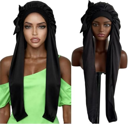 Bonnet for Sleeping 2 in 1 Long Braids Protection & UV Shield,Breathable & Water-Resistant for Sleeping Women (Black with Bowknot)