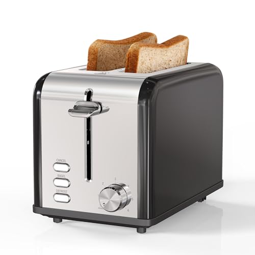 YSSOA Stainless Steel Toaster 2 Slice with Extra Wide Slot & Removable Crumb Tray, 6 Shade Settings and Bagel/Defrost/Cancel Functions, Compact Oven, for Various Bread & Waffle, Balck