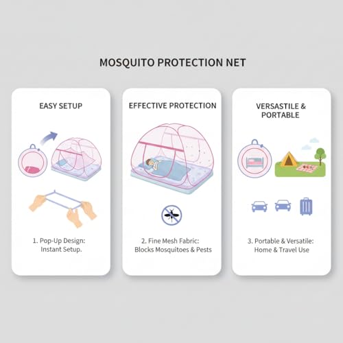 Image of Rainspire Foldable Mosquito Net for Double Bed King Size - Breathable Fine Mesh, with Handle, Heavy Duty Portable Collapsible Mosquito Protection Net for Bedroom Indoor Use - Pink