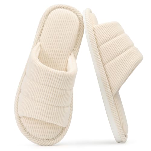 shevalues Terry Cloth Open Toe Slippers for Women Memory Foam Slip On House Slippers