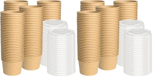 Image of ESSENTIAL Paper Ice Cream Cups with Lids, 120pcs 8oz Disposable Dessert Bowls with Lids for Hot or Cold Food, Paper Snack Containers for Sundae, Frozen Yogurt, Soup (Brown) (Pack of 2)