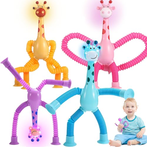 4 brinquedos girafa telescópicos com ventosa, tubos Pop sensoriais para crianças, brinquedo anti-stress expansível educativo, presente interativo para meninos e meninas a partir de 3 anos