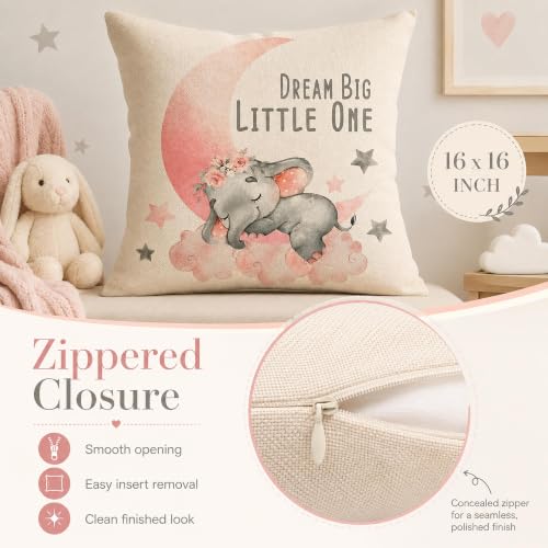 Image of Dream Big Little One Pillow Cover 16x16in Baby Elephant Nursery Decor