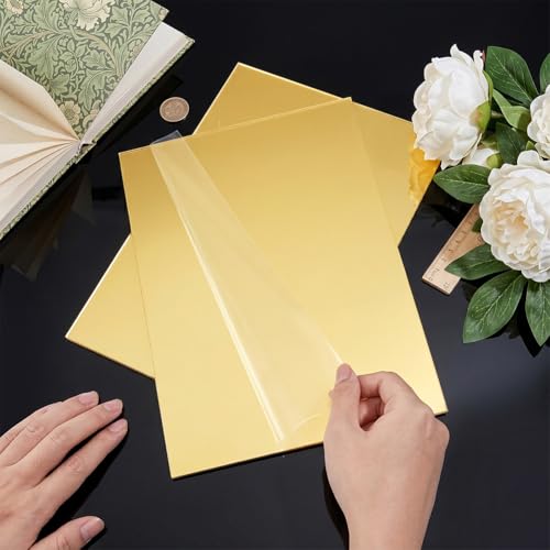 Image of BENECREAT 2Pcs 12x8 Inch Acrylic Mirror Sheets, 1 /10 Inch(2.5mm) Square Flexible Mirror Sheets with Film Attached for Engraving Wall Decor DIY Crafts, Gold