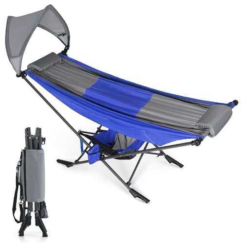 HIGH POINT SPORTS Hammock with Adjustable Sunshade Canopy and Steel Stand, Outdoor Camping Portable Hammock with Carry Bag, Heavy-Duty Space-Saving Design for Beach, Camping, Garden, Blue