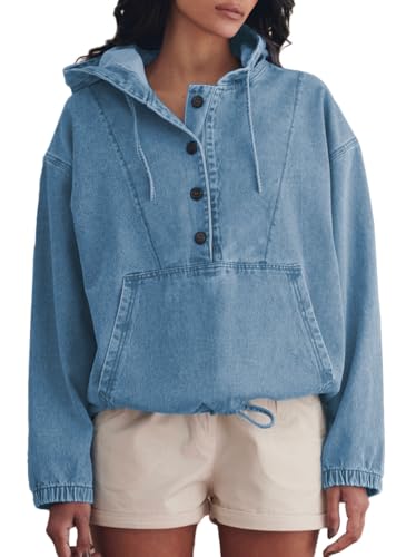 Aomice Women's Denim Hoodie Half Button Down Pullover Jacket Jean Aomice Women's Denim Hoodie Half Button Down Pullover Jacket Jean