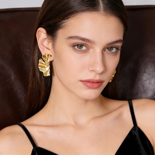 Image of Gold Clip on Earrings for Women Chunky Statement Earrings Vintage Ginkgo Leaf Flower Non Pierced Earrings Fashion 18k Gold Plated Jewelry Gift