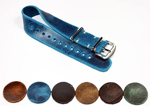 One piece leather watch band Single pass military style watch strap Multicolored distressed handmade vintage soft watch bands 18mm 20mm 22mm 24mm (18mm, Blue)