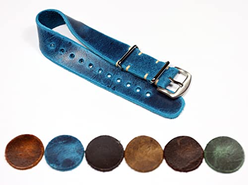 One Piece Leather Watch Band Single Pass Military Style Watch Strap Multicolored Distressed Handmade Vintage Soft Watch Bands 18Mm 20Mm 22Mm 24Mm (18Mm, Blue) #TOP1