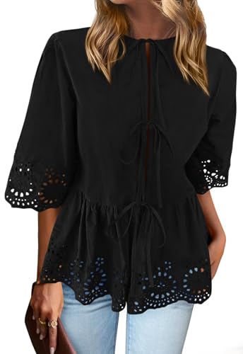 PRETTYGARDEN Tie Front Peplum Tops for Women Summer Y2K Short Sleeve Babydoll Cute Going Out Top Eyelet Blouse Shirt