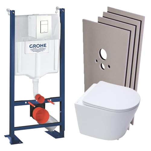WC Suspendu Pack Complet Accessoires - Grohe Bâti-support autoportant, WC suspendu sans bride SAT, Abattant frein de chute, Plaque Blanc, Set d'habillage,...