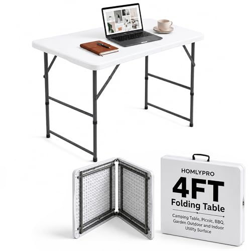 Image of HomlyPro Heavy Duty 4FT Folding Table 120x60cm, White, Plastic Folding Desk Portable as Camping Table, Picnic, BBQ, Garden Outdoor and Indoor Utility Surface