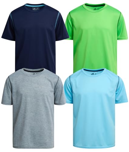 Pro Athlete Boys Athletic Shirts - 4 Pack Moisture Wicking Active Performance Shirt for Boys - Lightweight Dry Fit Shirts Size 10-12 Grey/Navy/Lime/Light Blue
