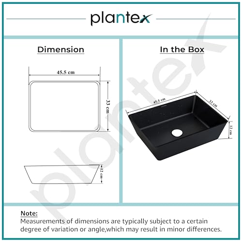 Image of Plantex Table Top Basin for Bathroom /Quartz Rectangle Basin /Vessel Sink Over Counter for Home /Restaurant (Black, 18 x 13 x 5 Inch)