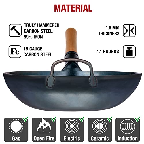 Yosukata Flat Bottom Wok Pan - 13.5" Blue Carbon Steel Wok - Preseasoned Carbon Steel Skillet - Traditional Japanese Cookware - Carbon Steel Pan For Electric Induction Cooktops Woks And Stir Fry Pans #TOP4