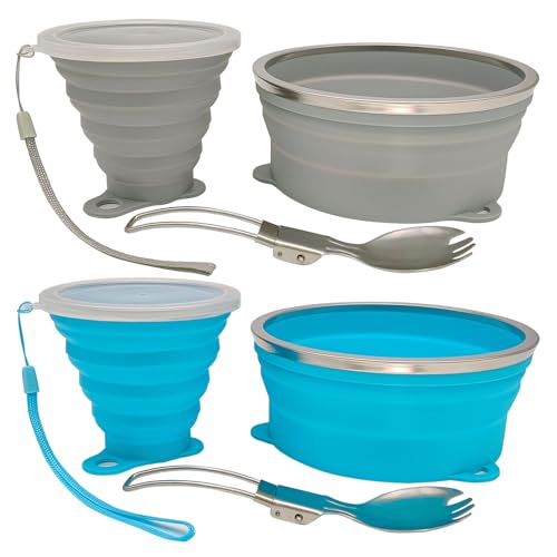 Cagelya Mess Kit for Camping Silicone Collapsible Bowl Collapsible Cup and Stainless Steel Spoon for Backpacking Outdoor Hiking Traveling and Picnic - 2 Pack
