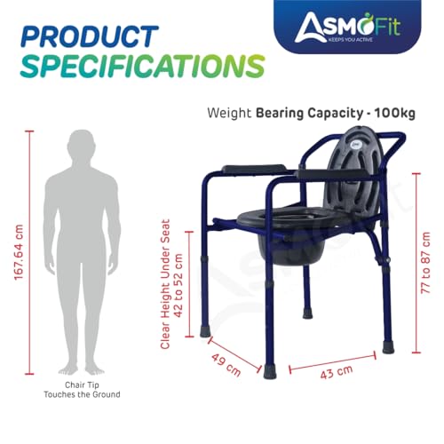 Image of Foldable Commode Chair Height Adjustable Use in Room or Over Toilet, Potty Chair with Armrests, Bedside Commode - Ideal for Adult, Pregnant Women, Elderly - Weight Capacity 100KG (Without Wheels - Blue)