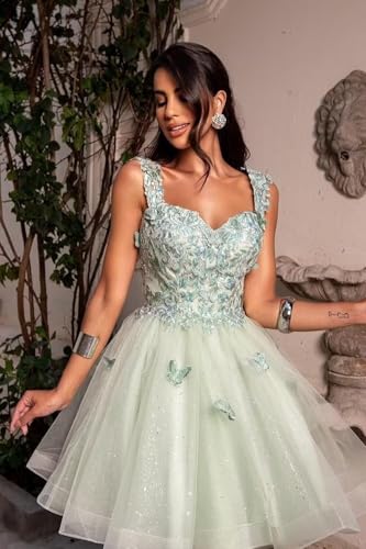 Lace Appliques Sparkly Homecoming Dresses for Teens 2025 Layered Tulle 3D Butterfly Spaghetti Strap Cocktail Party Dresses2